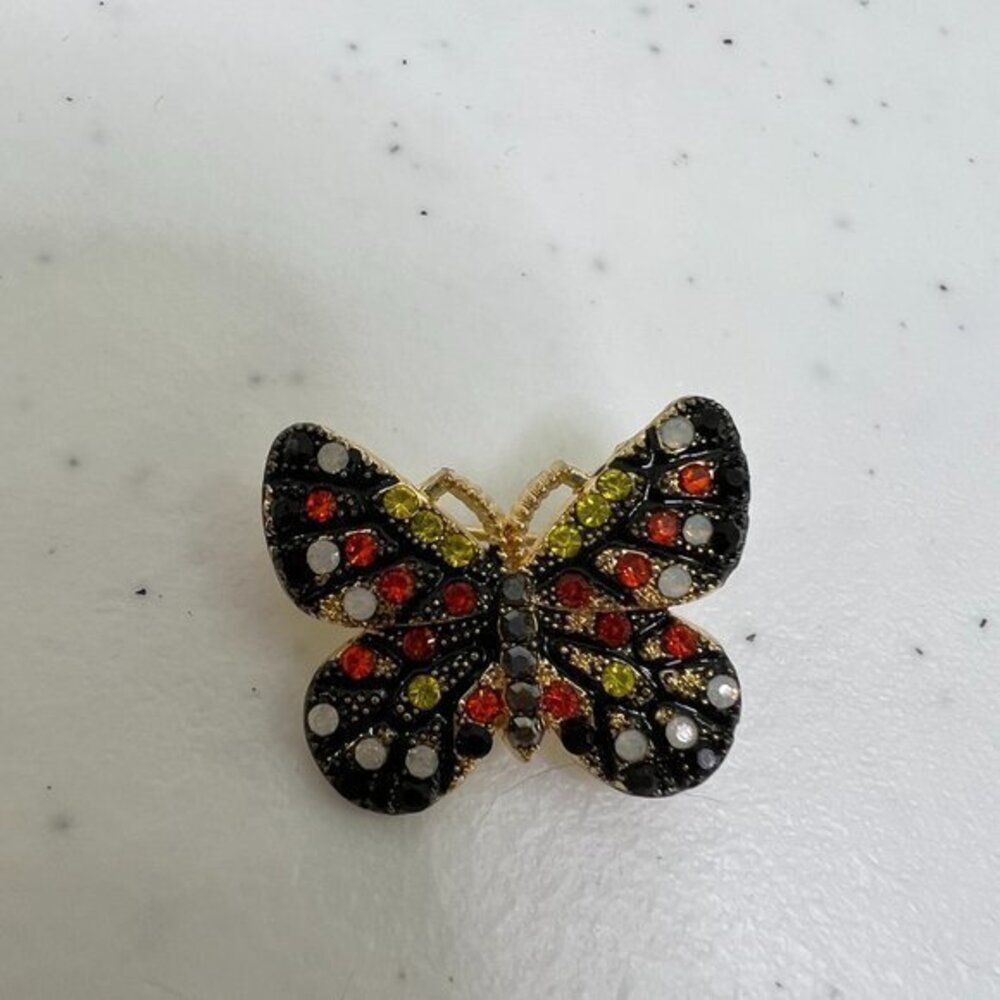 Roman Butterfly Brooch Rhinestone Monarch Gold Tone Orange Black Pin Vintage 18K